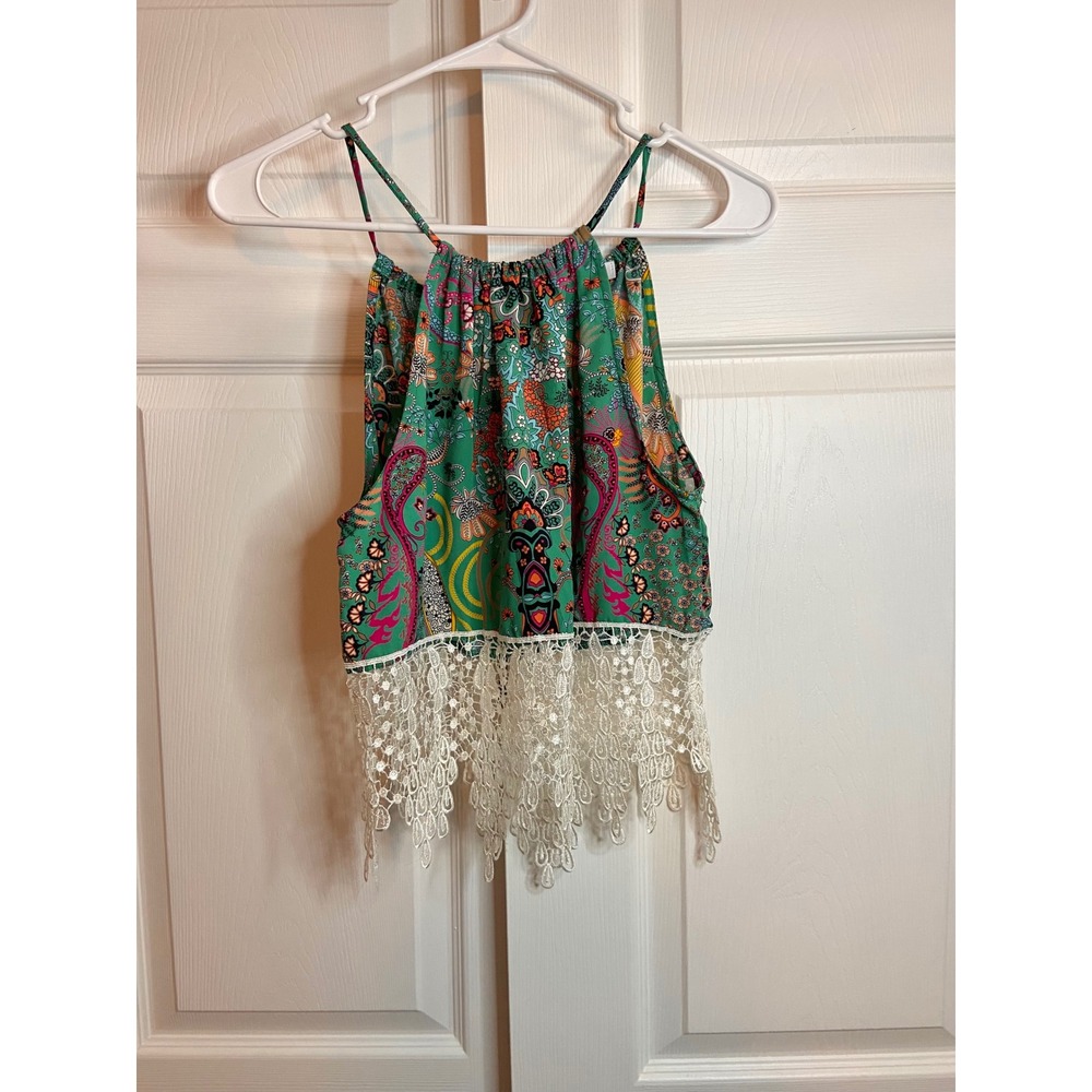 MOD Green Paisley Floral Crochet Lace Trim Halter Cami Top Small Boho Festival